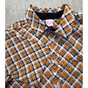 Ricrac & Ruffles Boys Shirt Size 10 Orange Plaid Button Down Short Sleeve Cotton